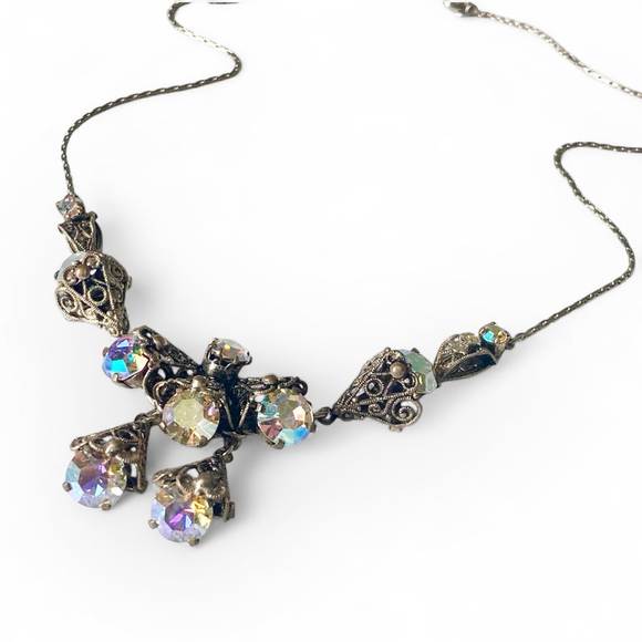 Vintage Czech Filigree Cone Aurora Borealis Rhinestone Silver Tone Necklace. - Picture 6 of 7